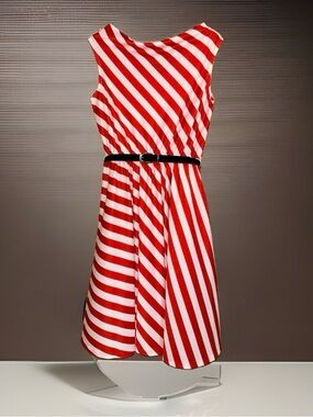 Vtg 1960’s Joan Curtis Sleeveless Red & White Striped Midi Dress w/Belt-10-EC